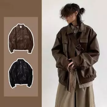 Мотоциклетная кожаная куртка, мужская куртка-бомбер, ретро свободное короткое пальто из искусственной кожи, японская повседневная уличная одежда с несколькими карманами, трендовая верхняя одежда, новая XL коричневый
