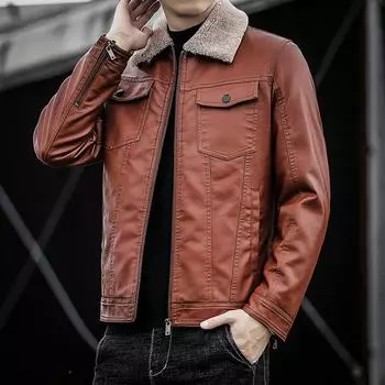 Мотоциклетная кожаная куртка мужская новая весенне-осенняя меховая интегрированная бархатная утолщенная модная красивая кожаная куртка куртка M