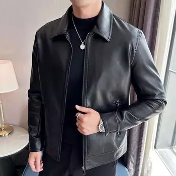 Мотоциклетная кожаная куртка Мужская свободная куртка из искусственной кожи Повседневная куртка пилота с лацканами M чёрный