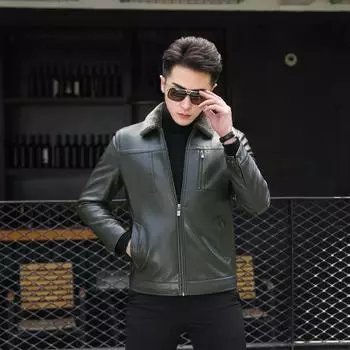 Мотоциклетная кожаная куртка мужская зимняя новая бархатная утолщенная мужская кожаная куртка среднего возраста цельная куртка из искусственного меха M
