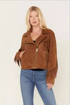 Мотоциклетная кожаная куртка ручной работы из натуральной овечьей кожи, коричневая замша с бахромой XS коричневый