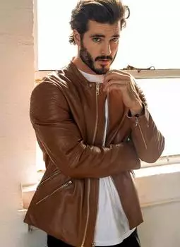 Мотоциклетная кожаная куртка, стильная, ручная работа, коричневая, мужская, из натуральной овчины XS коричневый