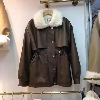 Мотоциклетная кожаная куртка женская новая талия куртка из овечьей шерсти куртка из искусственной кожи хлопковая кожаная куртка женская зимняя плюс утолщение из бархата M
