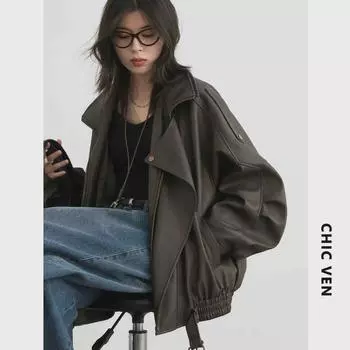 Мотоциклетная куртка CHICVEN из искусственной кожи с воротником-стойкой в стиле ретро Roaming in Autumn Medium чёрный
