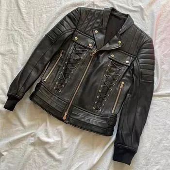 Мотоциклетная стильная черная байкерская кожаная мужская куртка из овечьей кожи на Хэллоуин XS чёрный