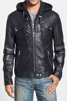 Мотоциклетная стильная мужская праздничная куртка из овечьей кожи на Хэллоуин, черная кожаная куртка с капюшоном XS чёрный