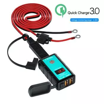 Мотоциклетное двойное USB-зарядное устройство QC3.0 для быстрой зарядки с вольтметром и выключателем питания, встроенное гнездо SAE, кабель с клеммами OT длиной 1,4 м