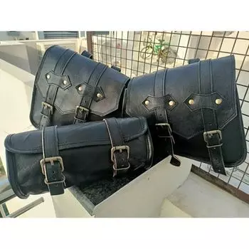 Мотоциклетное седло, полный комплект, сумки для багажа для Sportster, 3 шт., кожаная сумка чёрный
