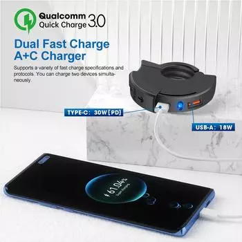 Мотоциклетное зарядное устройство USB TYPE-C PD QC3.0 для быстрой зарядки на руль 12/24 В, водонепроницаемый кронштейн для крепления на руль, зарядное устройство для камеры и телефона чёрный