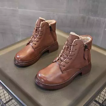 Мотоциклетные ботинки из натуральной кожи с круглым носком, плюшевой изоляцией и толстой подошвой. Короткие ботинки в британском стиле. 35