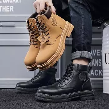 Мотоциклетные ботинки, мужские британские походные ботинки, повседневные трендовые кожаные ботинки с высоким берцем 39 чёрный