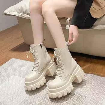 Мотоциклетные ботинки на каблуках, массивные кожаные кроссовки, женская обувь, женские ботинки на шнуровке, высокие ботинки на платформе, зимние, толстая подошва 34 бежевый