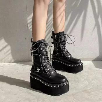 Мотоциклетные ботинки на шнуровке для женщин, сексуальные женские ботильоны на высоком каблуке с круглым носком и заклепками, готический стиль 35 чёрный