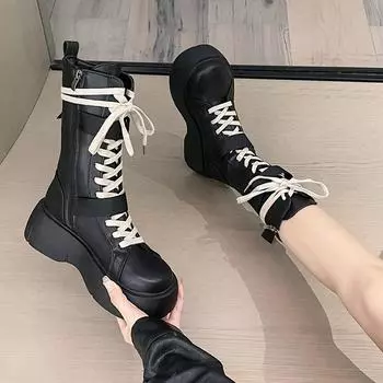 Мотоциклетные ботинки, женские универсальные модные короткие ботинки в английском стиле на шнуровке, с круглой головкой, на толстой подошве, из черного искусственного материала для взрослых Q122 35