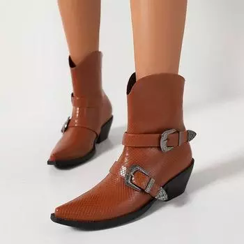 Мотоциклетные ковбойские сапоги женские из искусственной кожи с змеиным рисунком короткие казаки на высоком каблуке с острыми краями ковбойские сапоги с пряжкой женские туфли 46 6