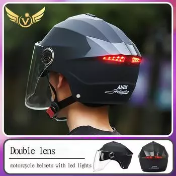 Мотоциклетные шлемы со светодиодными фонарями, мопедный шлем, электрический скутер для мужчин и женщин с двойным козырьком, перезаряжаемый велосипедный фонарь, велосипед
