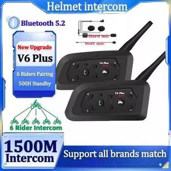Мотоциклетный Bluetooth-интерком V6 Plus, система группового чата на 6 мотоциклистов, 1500 м, с шумоподавлением, водонепроницаемая гарнитура для шлема V6 PLUS-1 set
