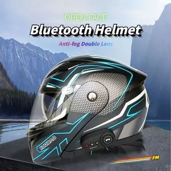 Мотоциклетный Bluetooth-шлем, противотуманный шлем с двойной линзой и открытым лицом с FM M чёрный