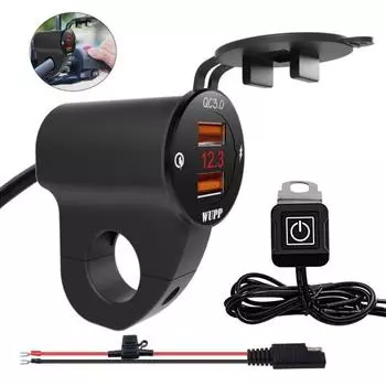 Мотоциклетный двойной USB QC3.0 адаптер для быстрой зарядки телефона с вольтметром чёрный
