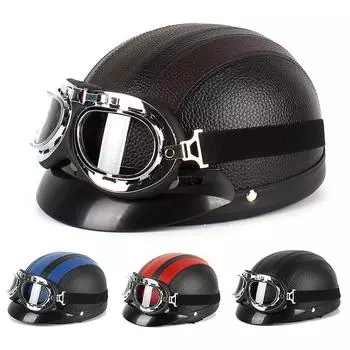 Мотоциклетный шлем для мужчин и женщин, полушлем с открытым лицом, оборудование для взрослых, электрический велосипедный скутер с очками, мотошлемы, принадлежности one size чёрный