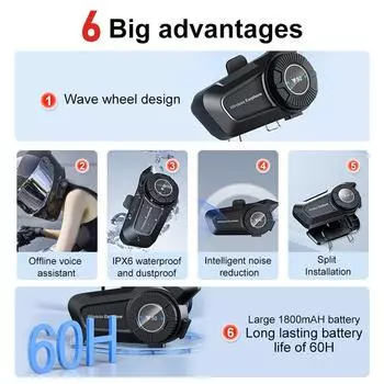 Мотоциклетный шлем гарнитура BT 5.3 беспроводные наушники Handsfree 1500 мАч стерео наушники динамик шумоподавление с микрофоном