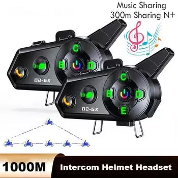 Мотоциклетный шлем интерком Bluetooth 5.3 гарнитура 1000M беспроводной интерфон коммуникатор езда связь для 6 мотоциклистов водонепроницаемый музыкальный плеер