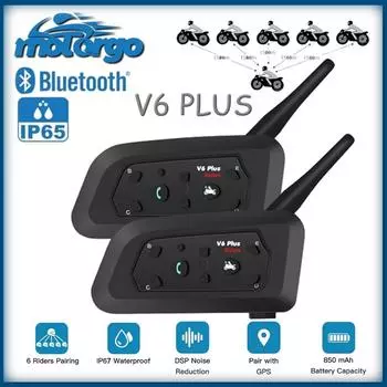 Мотоциклетный шлем-интерком V6Plus Bluetooth — связь для 6 водителей на расстоянии 1500 м, чип Qualcomm, водонепроницаемая гарнитура с шумоподавлением, всепогодное использование 1pcs V6 plus