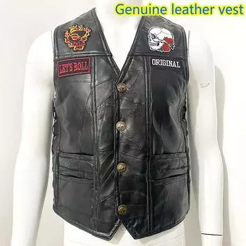 Мотоциклетный жилет Harley из натуральной овчины, мужской кожаный жилет, велосипедный жилет, модная мужская пуговица S