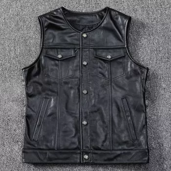 Мотоциклетный жилет Harley Son of Chaos, задний слой в форме сердца из воловьей кожи, тонкая мягкая кожа, круглый воротник, короткий, облегающий, форма S