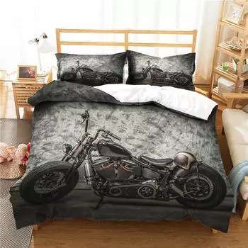 Motorbike Bedding Set 3d Grey And Black Down Comforter For Adult Boys Bedroom Coverlet Full Queen Single And Double Size Sheet EU single(135x200cm)