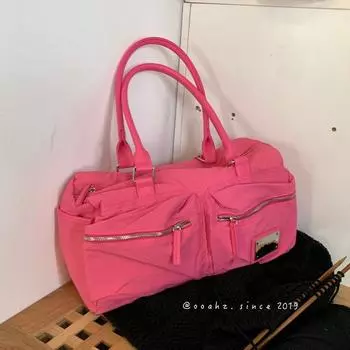 Motorcycle Diary Conspicuous Bag ~ Lake Blue South Korea Double Pocket Design Large Capacity Casual Nylon Hand-Carrying Shoulder Bag Rose Red