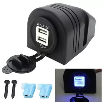 Двойное зарядное устройство USB для мотоцикла, водонепроницаемое устройство, 12-24 В, 3,1 А, синяя подсветка с чехлом для телефона 8.3*5.5*5*3.7cm чёрный