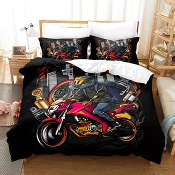 Motorcycle Duvet Cover Set Dirt Bike Extreme Sports Theme for Boy Girl Motocross Racer Polyester Bedding Set King Queen Size 70x133cm 2pcs