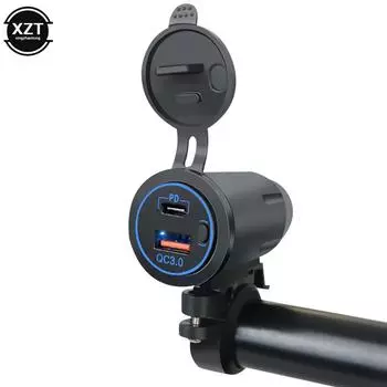 Motorcycle Handlebar USB Charger QC3.0 Dual USB Type C PD Quick Charge Mount Socket Waterproof Motorcycle Modified Accessories красный