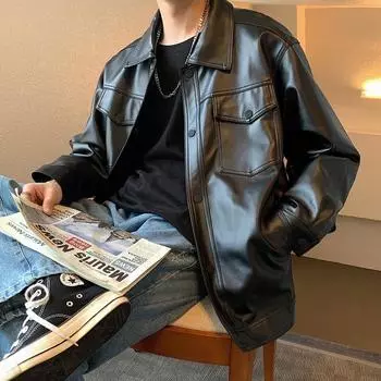 Motorcycle leather jacket men s handsome Korean style trendy Hong Kong style ins buttoned jacket casual loose design cardigan jacket M