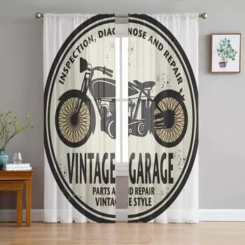 Motorcycle Symbol Round Retro Style Tulle Sheer Window Curtains for Living Room Kitchen Children Bedroom Voile Hanging Curtain W135 x H114cm