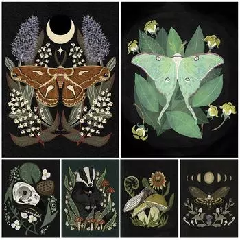 Мотылек, бабочка, лиса, скелет, фаза луны, элемент колдовства, настенное искусство, печать на холсте, загадочные животные и растения, художественный плакат, печать без рамки