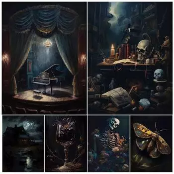 Мотылек, скелет, цветы, жуткая ночь, винтажная настенная живопись на холсте, угрюмая винтажная темная эстетика, художественный плакат с принтом, украшение без рамки 21*30cm
