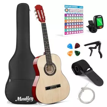 Moukey акустическая гитара для начинающих, набор из 36 дюймов, высококачественное дерево, ознакомительная практика, детский гитарный аккорд, чехол, натуральный постер, тюнер,