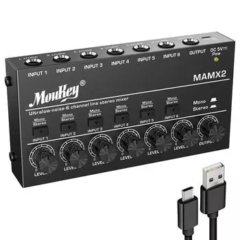 Moukey Audio Mixer 6 Channel USB DC 5V Ultra Low Noise for Submixing Line Mixer Small Mini Audio Mixer Suitable for Mixer MAMX2