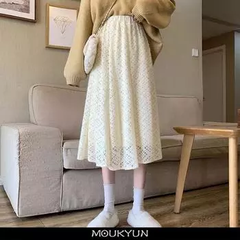 MOUKUN эластичные кружевные юбки с высокой талией, женские весенне-летние длинные юбки, корейские элегантные повседневные белые длинные юбки трапециевидной формы One Size чёрный