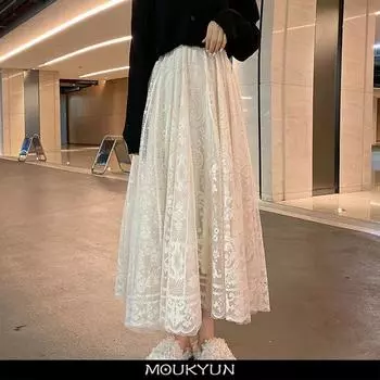 MOUKYUN, эластичная кружевная юбка с высокой талией, женская весенняя корейская элегантная длинная юбка, женские повседневные трапециевидные черные абрикосовые макси-юбки One Size белый