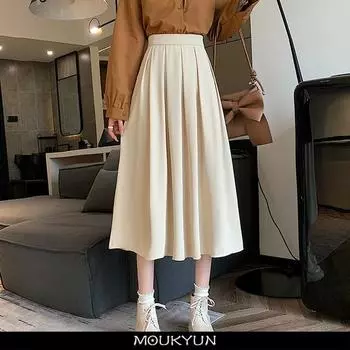 MOUKYUN, элегантная черная юбка, женские весенние однотонные тонкие плиссированные юбки, корейские эластичные шикарные длинные юбки трапециевидной формы с высокой талией 34 чёрный