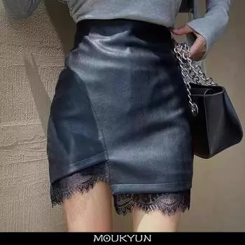 MOUKYUN асимметричные кожаные юбки для женщин, винтажная мини-юбка, женская офисная летняя одежда из искусственной кожи с высокой талией, корейская модная одежда 36 чёрный