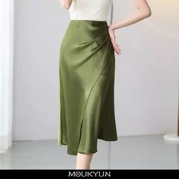 Юбки из атласного шелка для женщин, летняя корейская мода, черная миди-трапеция, длинная красивая юбка зеленого цвета с высокой талией, женская юбка Faldas S зелёный