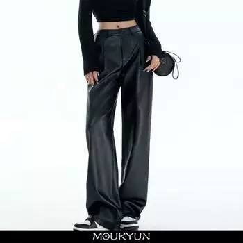 MOUKYUN брюки из искусственной кожи, женские повседневные корейские модные мешковатые прямые широкие брюки с высокой талией, уличная одежда Y2K, винтажный гот-панк S чёрный