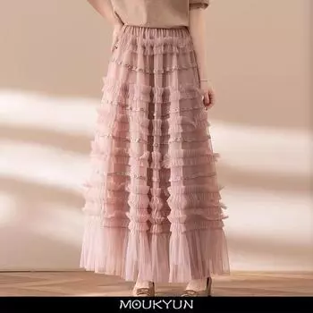MOUKYUN Длинная макси плиссированная фатиновая многоуровневая летняя юбка женская корейская мода 3-слойная сетчатая юбка трапециевидной формы с высокой талией женская Faldas One Size чёрный