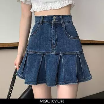 MOUKYUN, джинсовая юбка с высокой талией, женская летняя повседневная плиссированная мини-юбка трапециевидной формы, корейские женские нижние юбки 34 синий