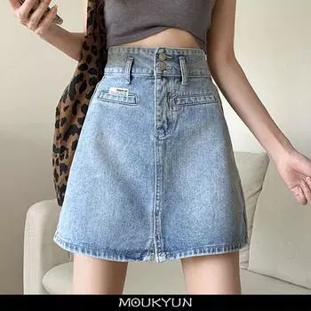 MOUKYUN джинсовая юбка с высокой талией, женские универсальные летние джинсовые юбки с карманами больших размеров, женские короткие юбки трапециевидной формы с бедрами Faldas 38 светло-синий