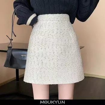 Фиолетовые твидовые юбки, женские облегающие юбки-карандаш с высокой талией, винтажные осенне-зимние тонкие корейские элегантные короткие мини-юбки S чёрный